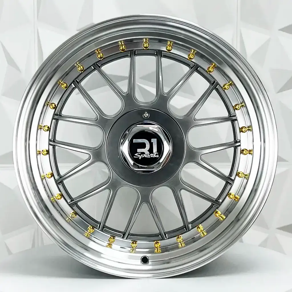 RIN 17X9 4-100/114.3 R1 SPORT 646 HYPER BLACK MACHINE LIP GOLD RIVETS ET25 CB73.